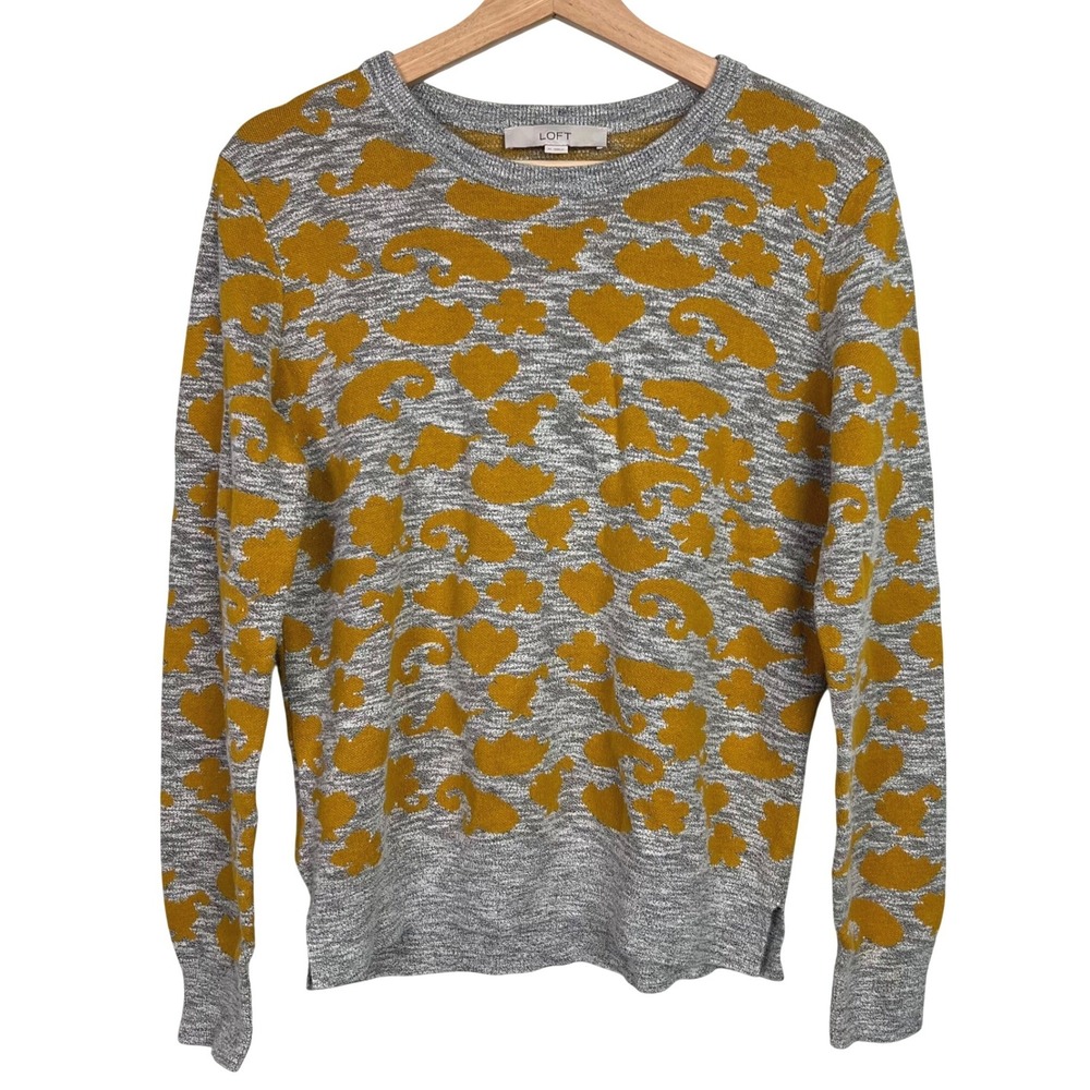 LOFT Women's Medium Grey Mustard Yellow Abstract Cotton Wool Blend Sweater